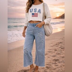 H&M, STAR-Patch Wide/Leg Jeans Cropped,Light Wash ,Y2K, Excellent Con.,Size XS